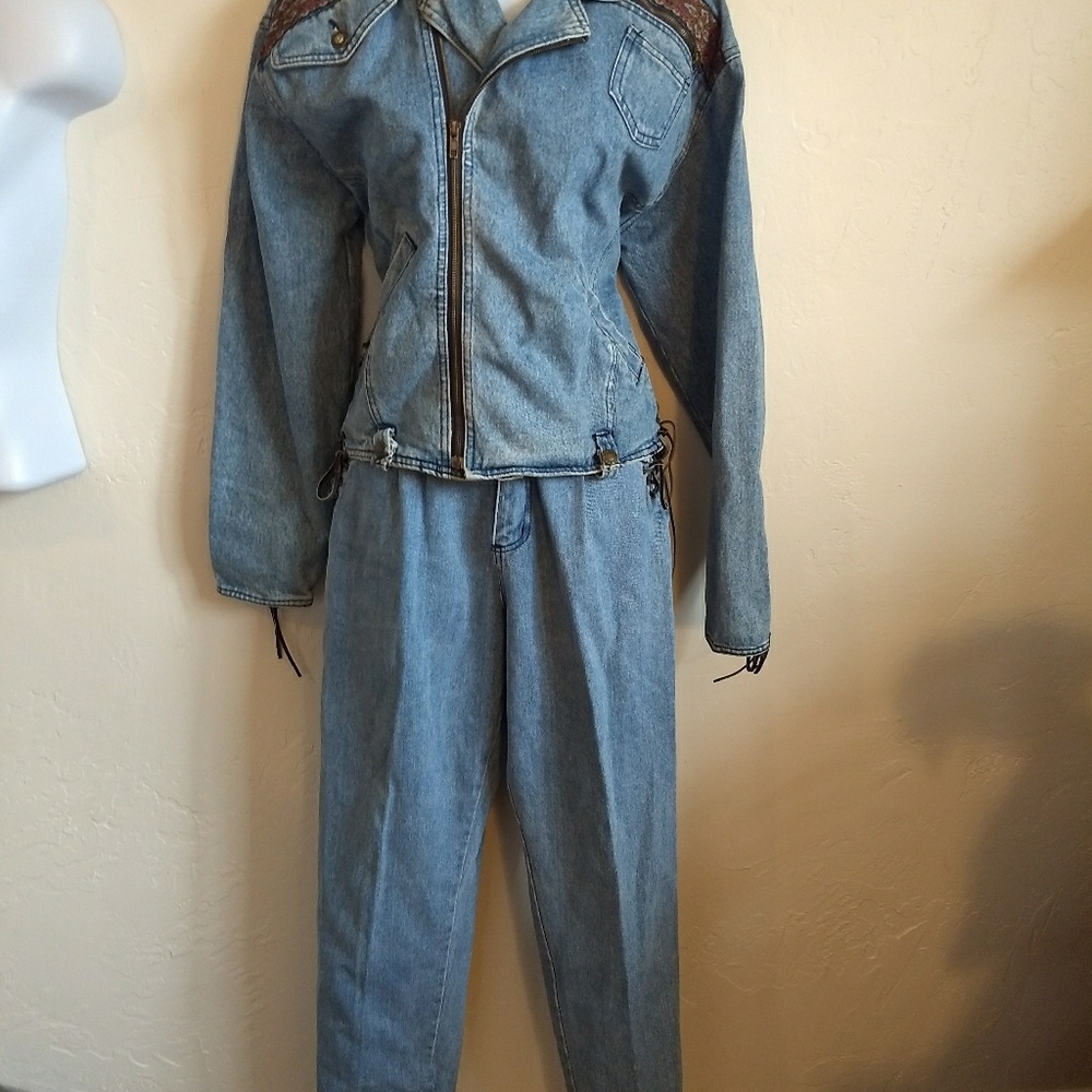 Vintage Denim Jeat Matched Set Moto Jacket Pants